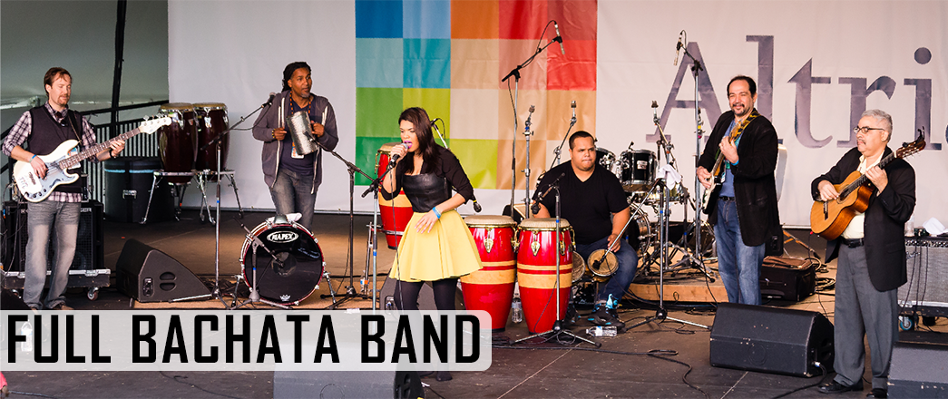 Bachata band with 5 Bachata instruments: Güira, Requinto, Rhythmic guitar, Bass guitar, Bongos